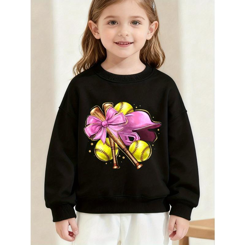 European sizes Kids' Black Sweatshirt with Softball and Bow Print for Casual Wear and Sports Activities