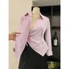 Women S Striped Long Sleeve Polo Neck Fitted Shirt With Irregular Waist Design