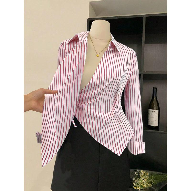 Women S Striped Long Sleeve Polo Neck Fitted Shirt With Irregular Waist Design
