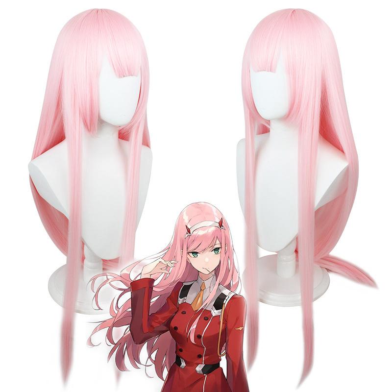 Аниме DARLING in the FRANXX 02 Косплей Парик Zero Two Парики 100 см Длинные розовые синтетические волосы Perucas Косплей Парик + Шапочка для парика + Заколка для волос