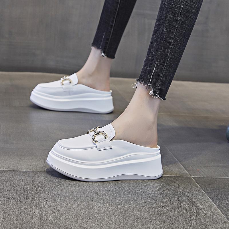 Увеличение высоты на 6 см, сумка из натуральной мягкой кожи, тапочки без задника, женские, осень 2025, новинка, интернет-знаменитость, толстая подошва, без каблука, ленивая обувь, тренд