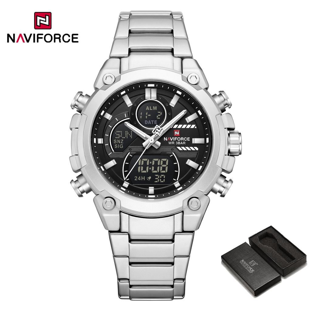 Naviforce Мужские часы с двойным временем Кварцевый механизм Цифровой ЖК-дисплей Хронограф Светящиеся стрелки Ремешок из нержавеющей стали Водонепроницаемые мужские часы NF9278