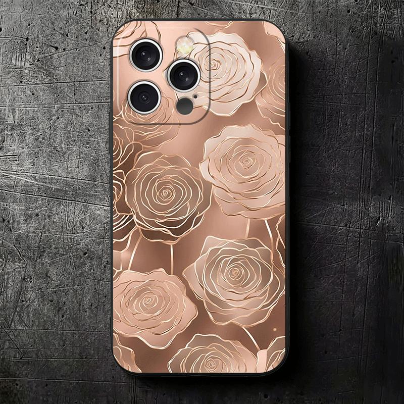 Красивый Розовое Золото Арт Мягкий Чехол для Телефона для iPhone 16 16E 17 Air 15 Pro Max 14 Plus 13 Mini 11 12 7 Черная Задняя Крышка