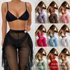 European and American Women Sexy Bikini Set 3 Pieces Swimwear Set Padded Top Thong Bottom Ruffled Mesh Long Pants Swimsuit Solid Bathing Suit