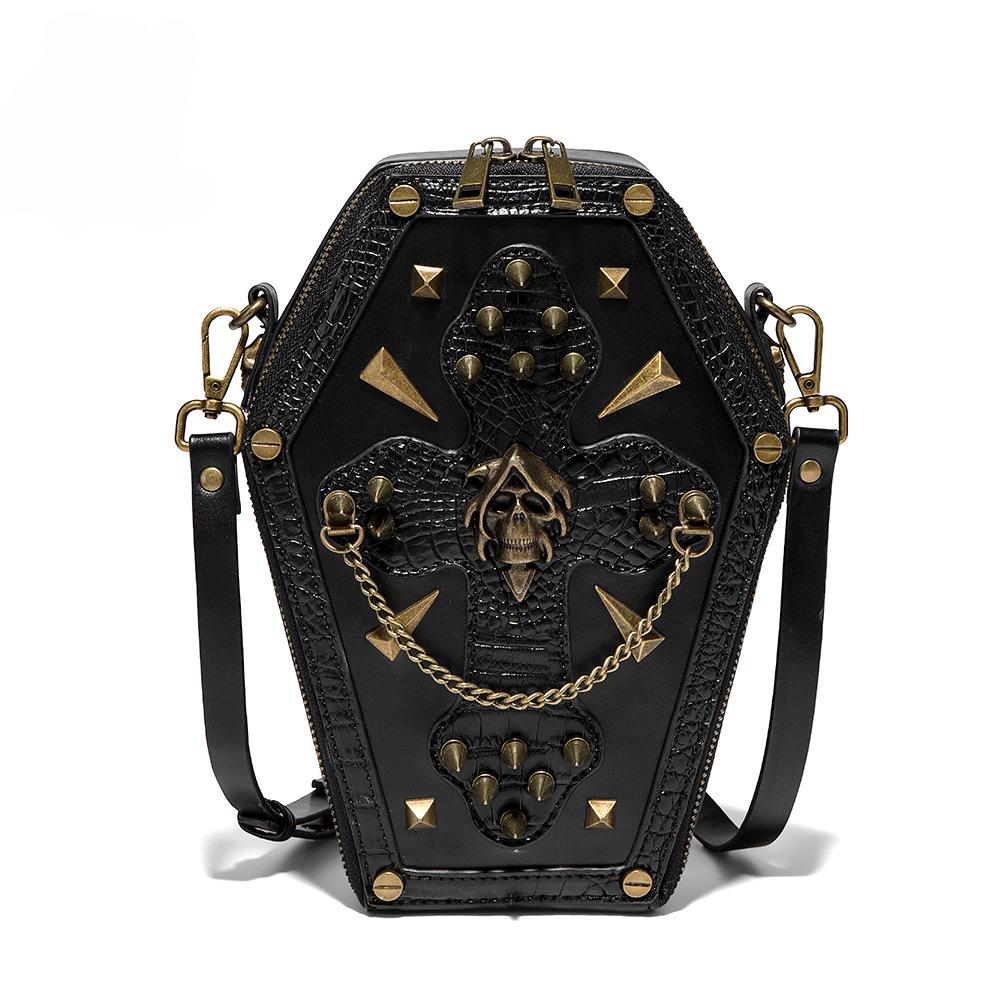 Trendy Black Girl Crossbody Coffin Bag Europunk Unisex Biker Bag Fashion Skull Head Ladies Shoulder Bag Rivet Decoration Sewing