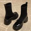 Женские зимние ботильоны на платформе, дизайнерская обувь на высоком каблуке, вязаные толстые носки, тренд 2024 года, зимние новые готические ботинки для женщин
