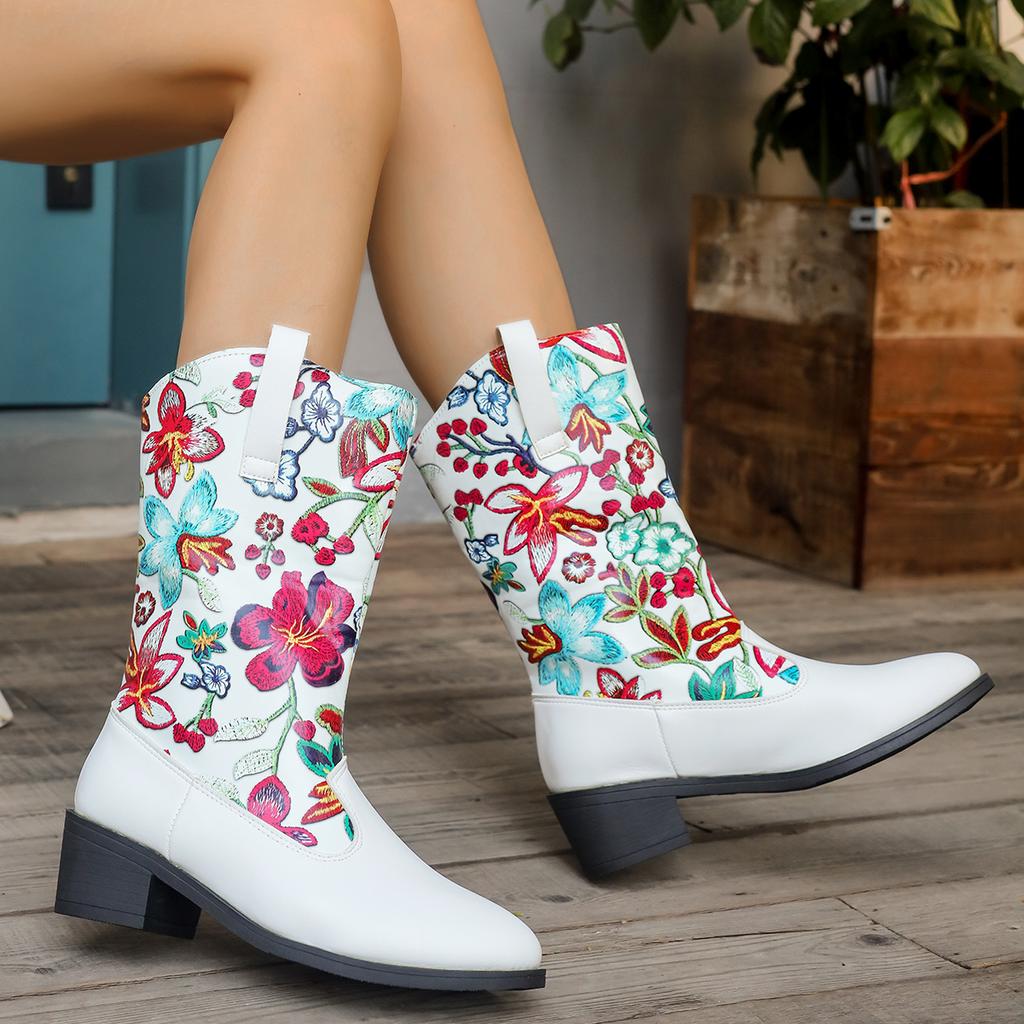 Women Boots Autumn Winter New Styles Fashion Shoes for Women Sweet Embroidery Flower Square Heel Boots Women Zapatos De Mujer