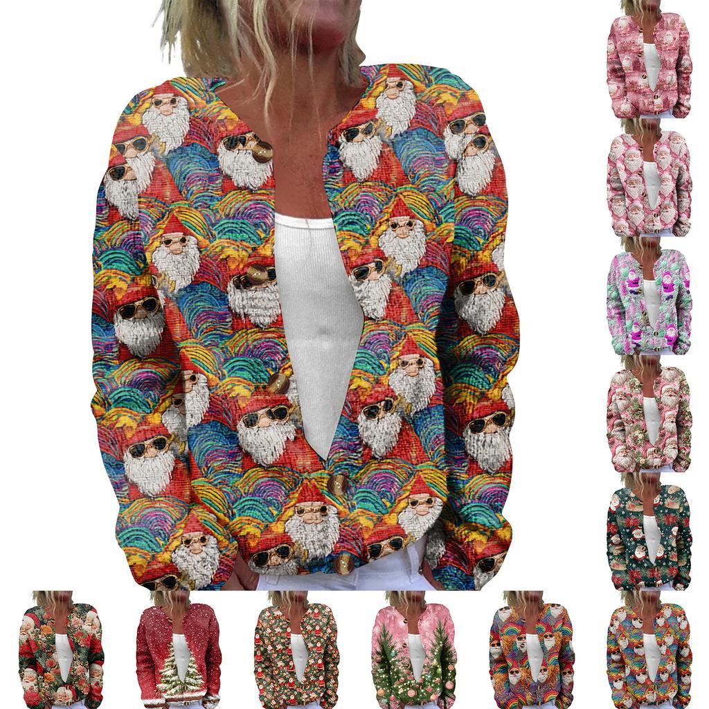 Women's Fashion Christmas Printed Long Sleeve Knitted Cardigan Button Down Jacket