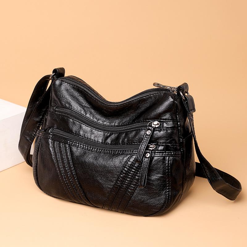 New Washed Leather Women's Bag Middle-aged Crossbody Shoulder Bag Soft Leather Multi-Pocket Slant Mother Bag