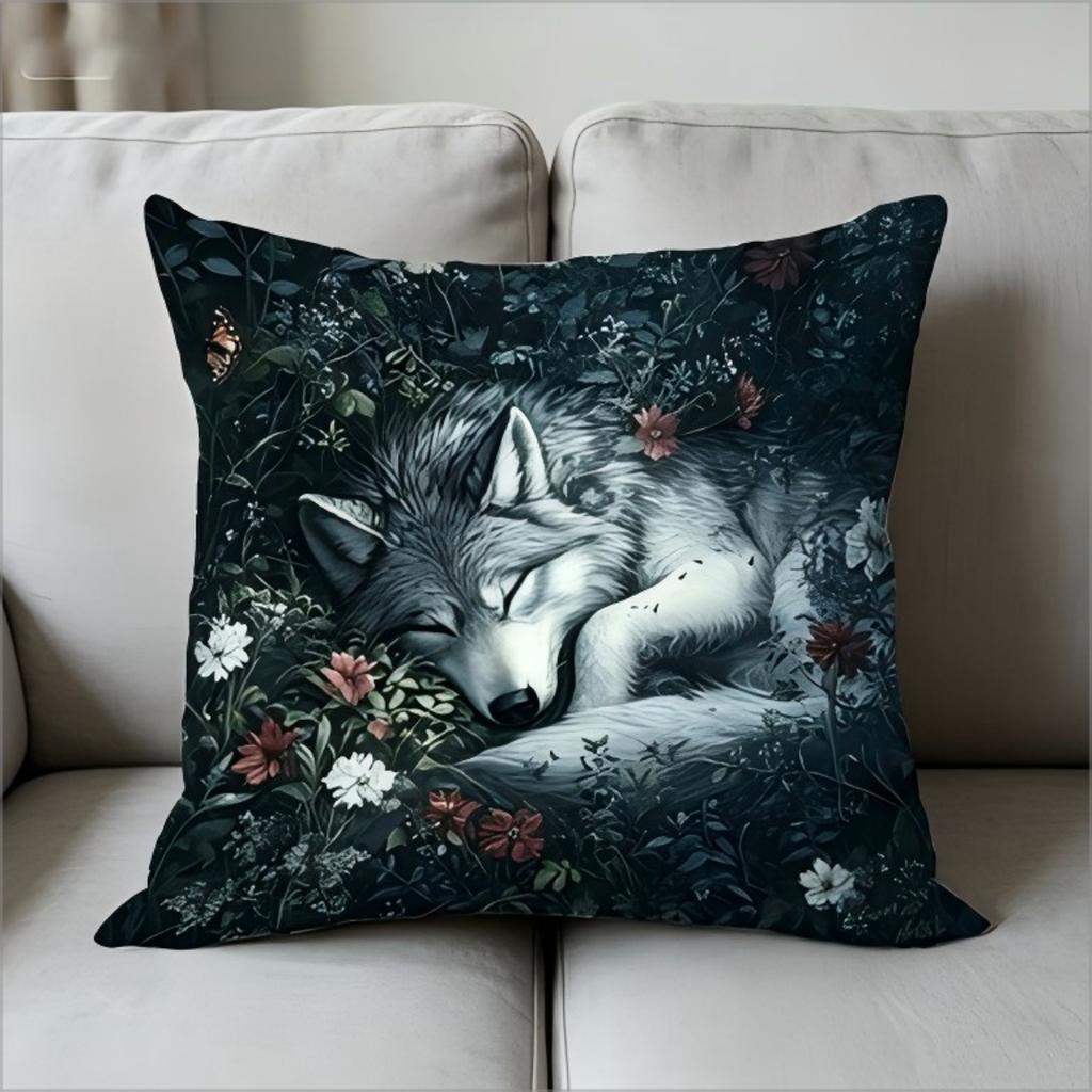 Sleeping Wolf In Floral Garden Print Throw Pillow Cover, Dark Fantasy Art Decorative Cushion Case For Sofa Bedroom