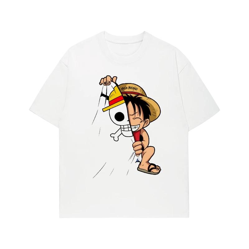Футболка с принтом Monkey D Luffy Chibi Флаг-гирлянда Мужская Женская 100% Хлопок Аниме Графическая Футболка Оверсайз Уличная Одежда Короткий Рукав