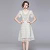 Women Fashion Mesh Flower Embroidery Luxury Beading Party Dinner Dresses Lady Elegant Retro V-neck Midi Evening Sundress
