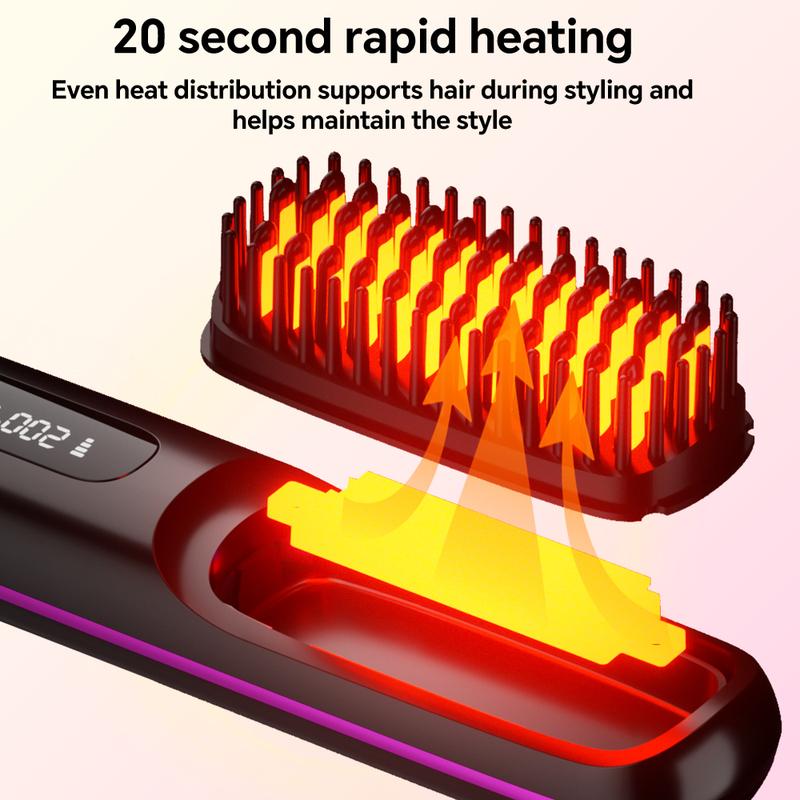 Cordless Rechargeable Hair Straightener Brush, Negative Ions Hair Straightener Comb with 3 Temp Settings, Fast Heating & Display