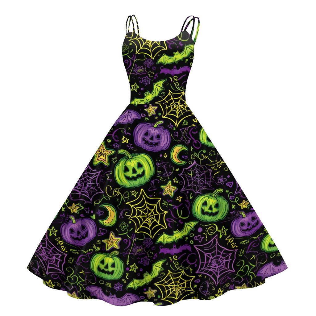 Women's Halloween Print Off Shoulder Dress Punk Vintage Style Sleeveless Spaghetti Strap Dress with Flared Skirt for Costume Party