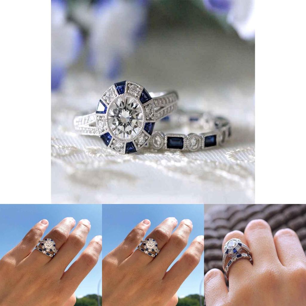 Stunning Geometry-inspired Silver Plated Blue Sapphire And Topaz Wedding Ring Set
