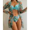 Women Floral Print Bikinis Set Sexy Three Piece Beach Cover Up Push Up Summer Long Sleeve Twist Swimwear Bathing Suit