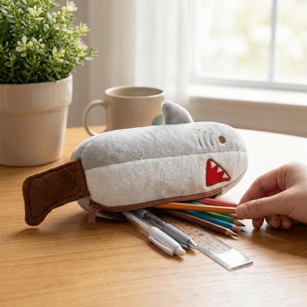 Large Capacity Plush Shark Pen Bag Smooth Zipper Stationery Bag Stationery Pouch Back To School