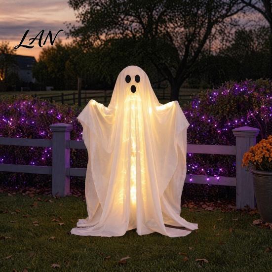 White Gauze Ghost Halloween Decoration, LED Light Up Standing Ghost, Indoor Outdoor Atmospheric Spooky for Porch, Yard, Lawn, Garden Decor Lighted