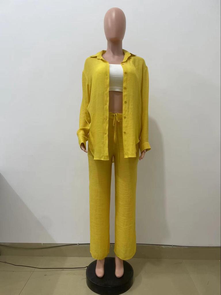 Y6020 Women's European & American Casual Two-Piece Set: Long-Sleeved Shirt & Straight Pants for Spring & Autumn 2024