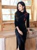 Bei Zhi Yun High-End Black Velvet Embroidered Long Sleeve Cheongsam – Winter 2025