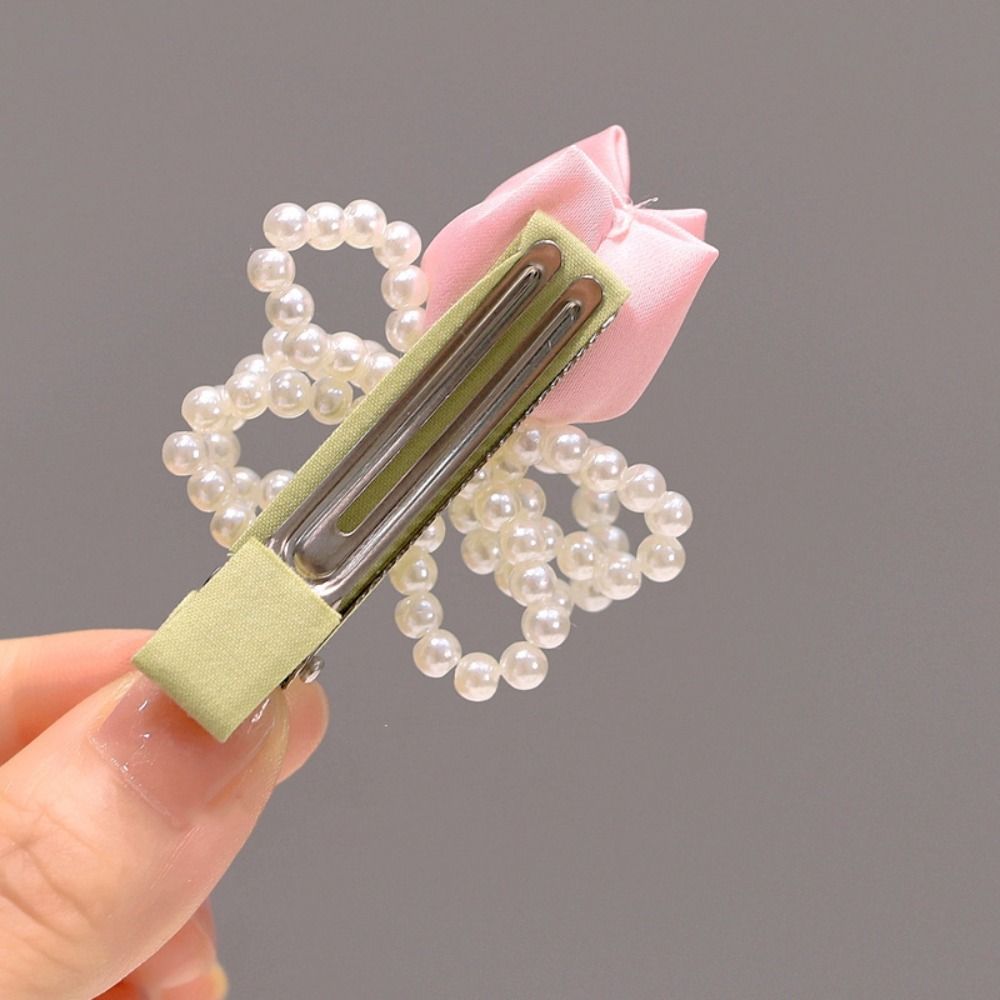 Sweet Tulip Pearl Hairpin Premium Sense Bangs Side Headdress Pearl Bowknot Hair Clip  Daily Wear