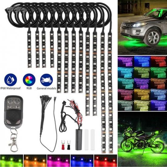 Motorcycle Multi-color RGB Colors LED 15 Strip Music Light 12PCS Sensor- Kit US