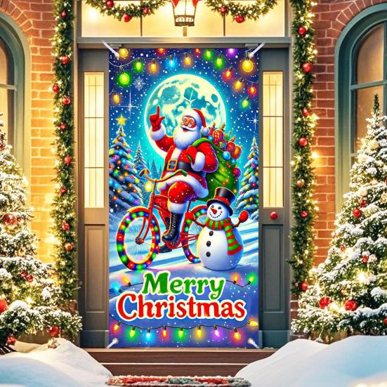 Fluorescent Christmas Door Cover 71x35 Inch Glow In The Dark Door Banner with Santa Tree Gift Box for Winter Front Door Party Wall Decor