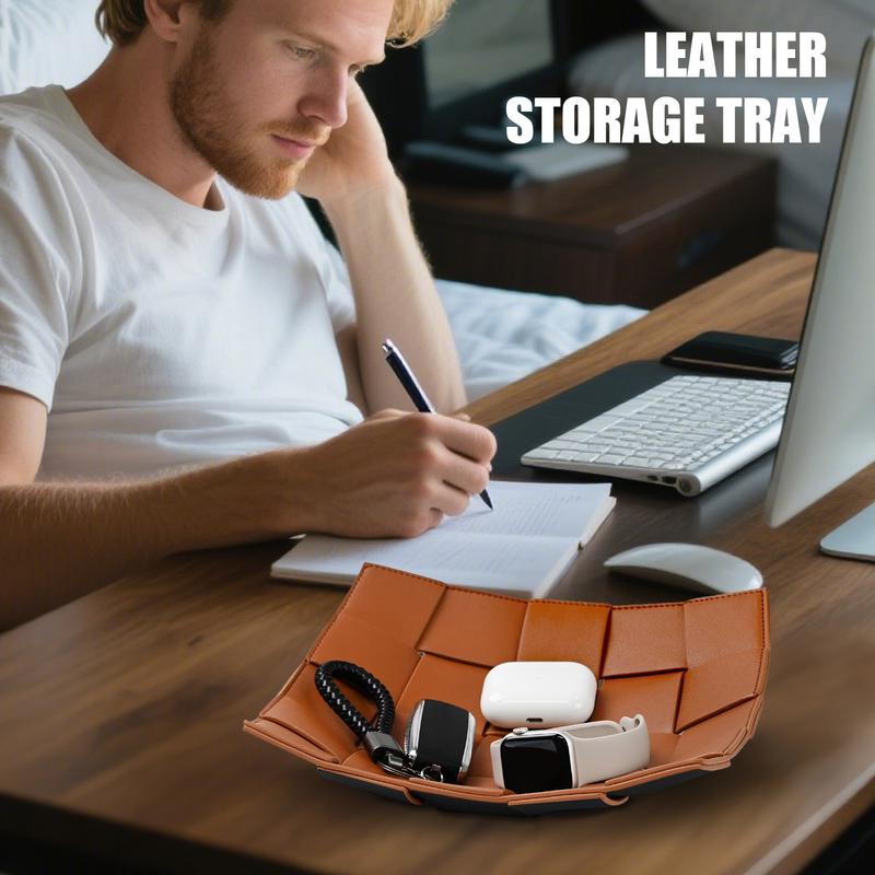 Поднос для ключей Поднос из искусственной кожи для ключей и кошелька Плетение Туалетная корзинка Органайзер для стола Эстетика для туалетного столика