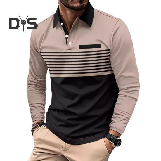 Мужская рубашка весна-осень с отложным воротником на пуговицах, контрастный полосатый принт, длинные рукава, свитер средней длины, повседневный деловой топ