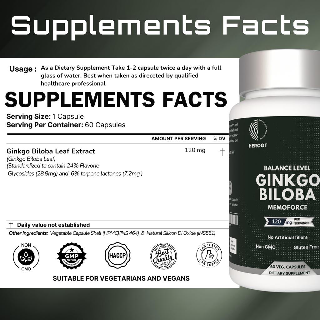 Heroot Ginkgo Biloba Extract 120mg – Herbal Supplement for Memory, Focus & Wellbeing – 60 Veg Capsules