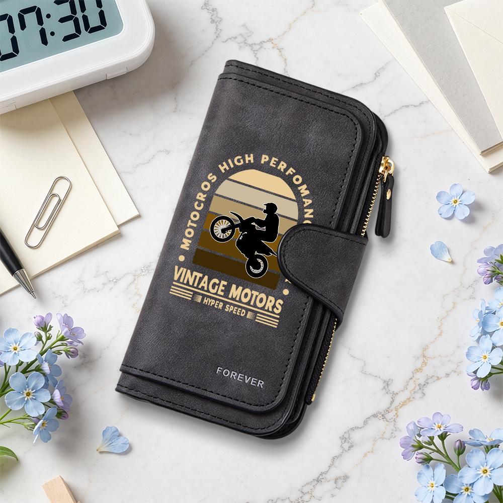Vintage Motocross Pattern Leather Wallet Casual Long Purse Card Holder for Men Women Gift