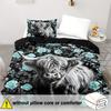 Highland Cow And Rose Pattern Duvet Cover Set Breathable, Sanded Polyester Fabric With Digital Animal Print, Zipper Closure