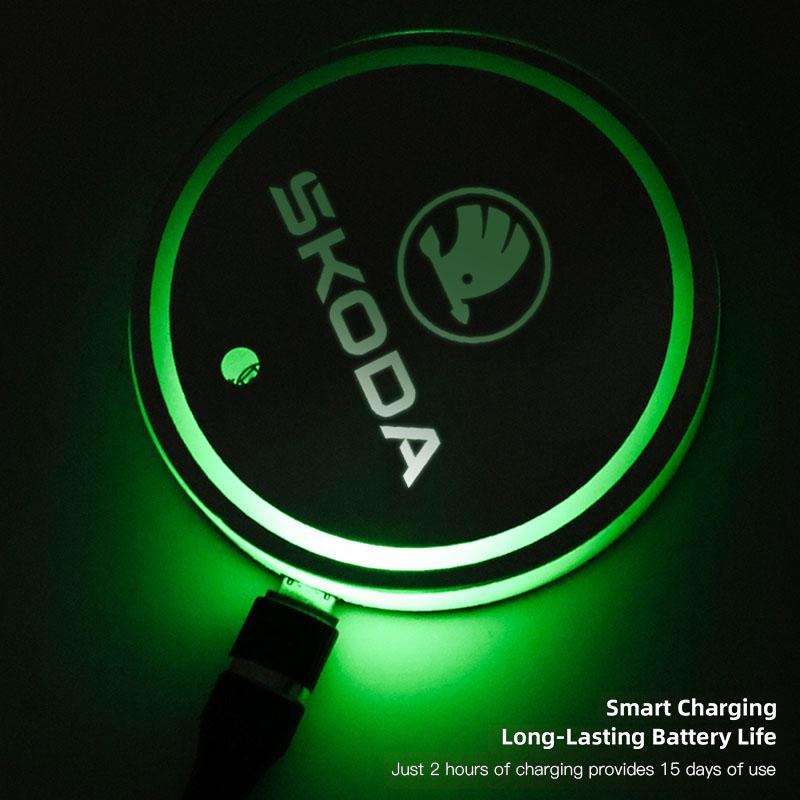 ADU1 Car Coaster Pad Colorful Led Atmosphere Light Water Cup Mat Tire Valve Cap For Skoda Kylaq Elroq Octavia Scala Rapid Superb Yeti