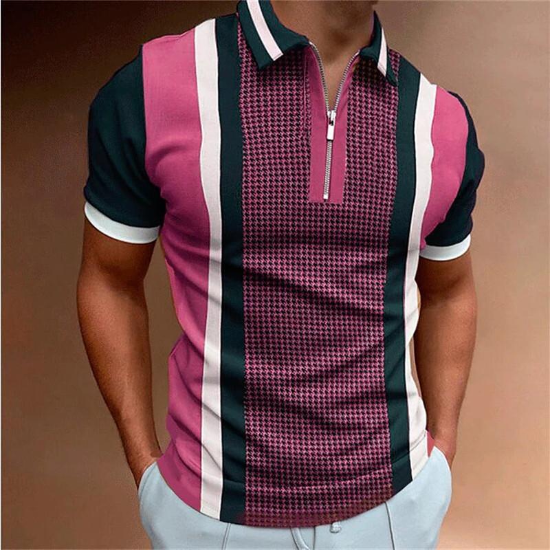 Trendy short-sleeve polo shirt with half-zip and vertical stripes, great for casual wear.