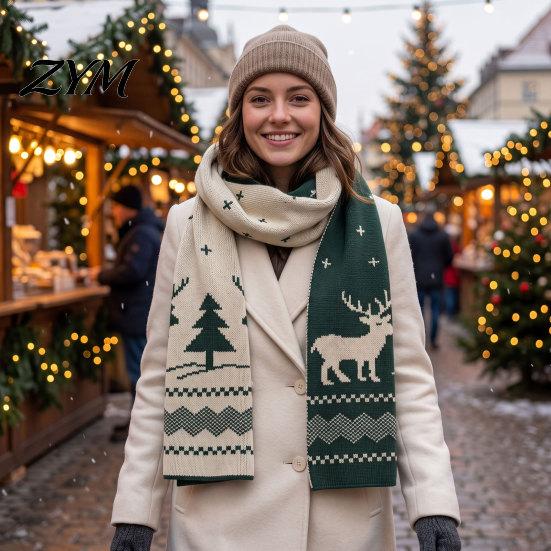 Cozy Thermal Neck Accessory Winter Knitted Scarf for Women, Reversible Fair Isle Snowflake Reindeer Christmas Red And Green Warmer Scarf, Soft