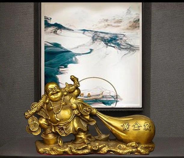 Медная статуя Будды Майтреи Большой живот Смеющийся Будда Украшение Монах Золотой мешок Подарок на открытие компании