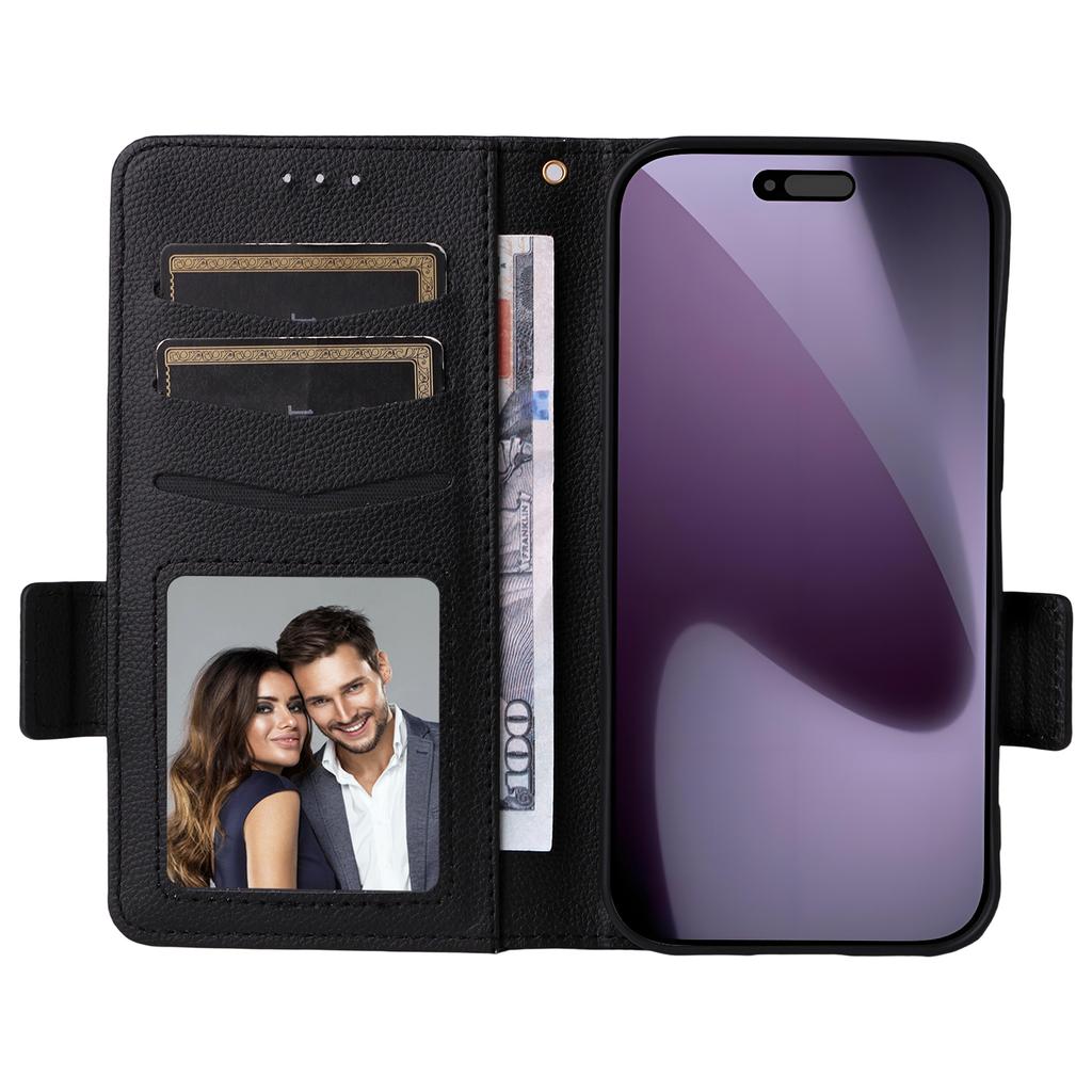 For iPhone 17 Pro Max Case with Wrist Strap Litchi Texture PU Leather Wallet Phone Cover