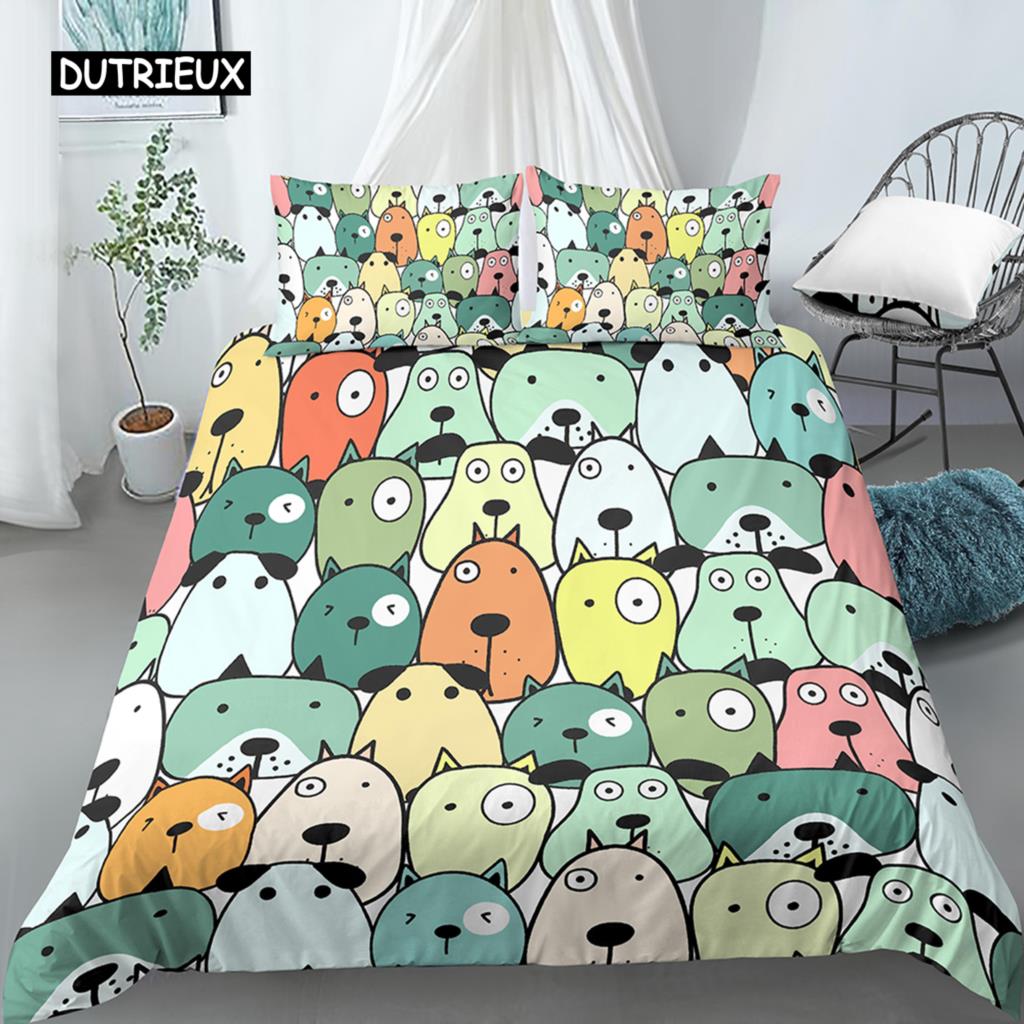 Пододеяльник с изображением мультяшной собаки, комплект постельного белья King Size с забавным принтом мопса для детей, мальчиков и девочек, тема животных, 2/3 шт., двойной пододеяльник