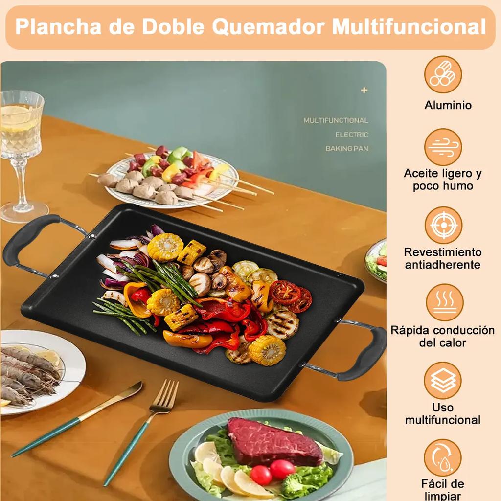 Rectangular Non-Stick Comal Griddle Pan with 2 Anti-Scald Aluminum Handles. Versatile kitchen utensil ideal for grilling, cooking, making omelets,