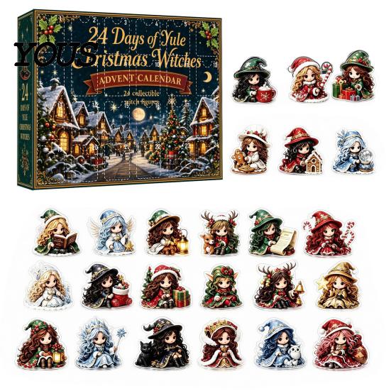 Decorative Figures for Window Christmas Witches Advent Calendar 2026, 24 Days Yule Countdown Box, 2D Blind Box Acrylic Witch Figurine Signs,