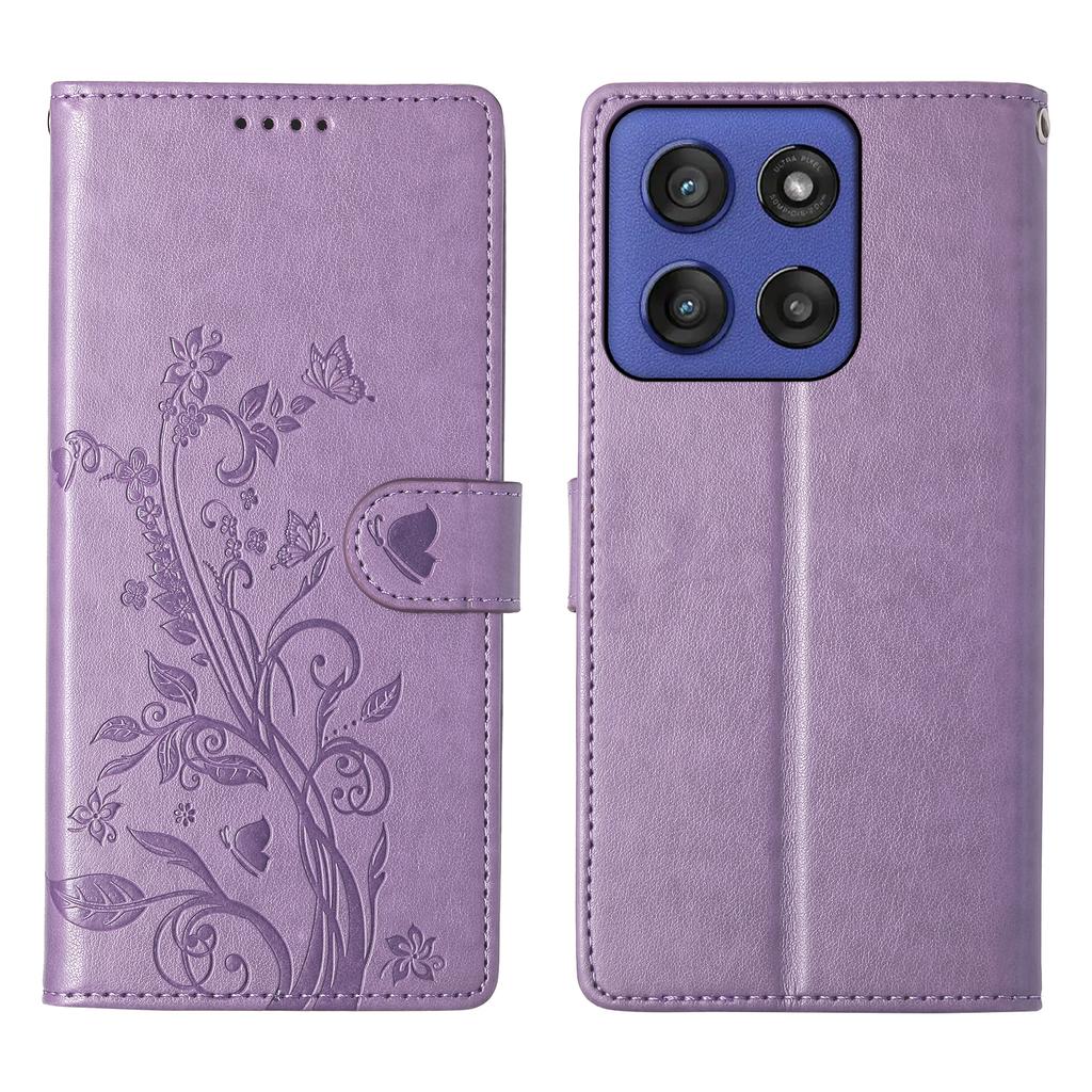 For Motorola Moto G56 5G Wallet Case Butterfly Floral Imprint PU Leather Phone Cover with Wrist Strap