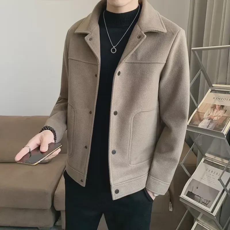 Мужское шерстяное пальто Slim Fit - куртка с лацканами однотонного цвета на осень/зиму