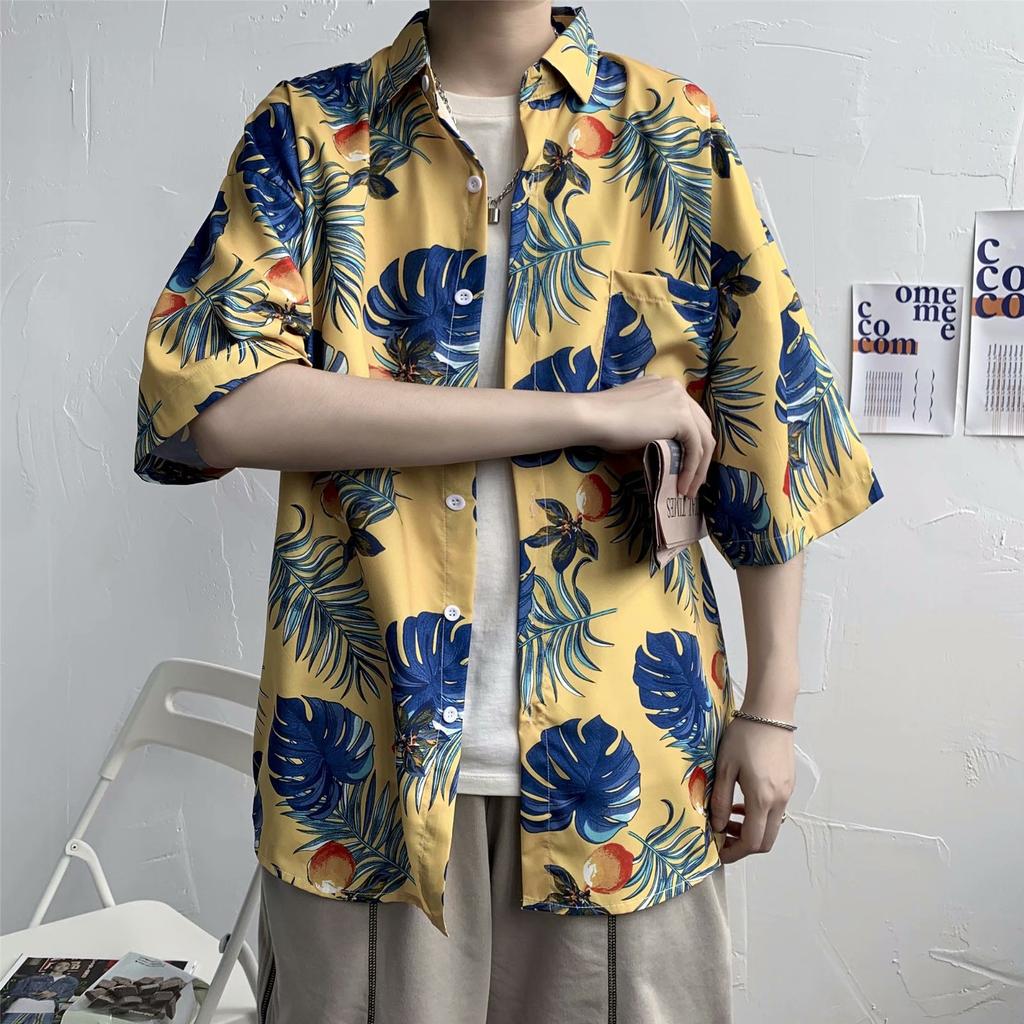 Hawaiian Men's Casual Flower Shirt Hong Kong Style Retro Beach Shirt Floral Couple Flower Shirt Short Sleeve Men