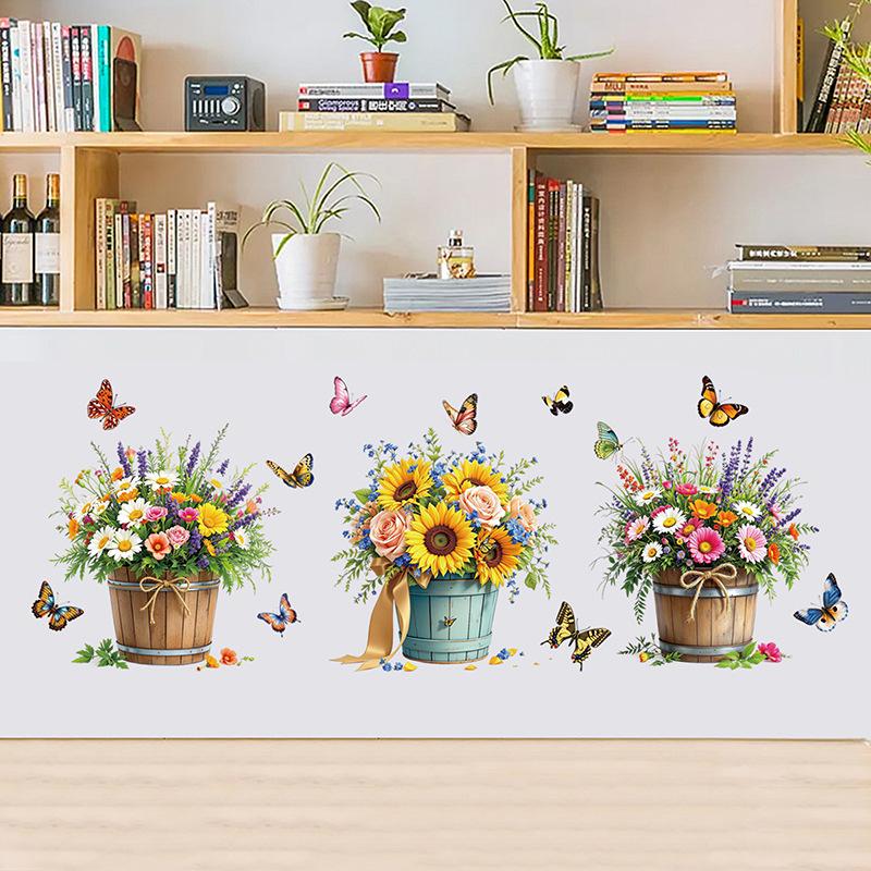 3D Wooden Barrel Wall Sticker Flower Decoration Butterfly Lavender Rose Tile Sticker Kitchen Restaurant Background Home Decor Peel and Stick