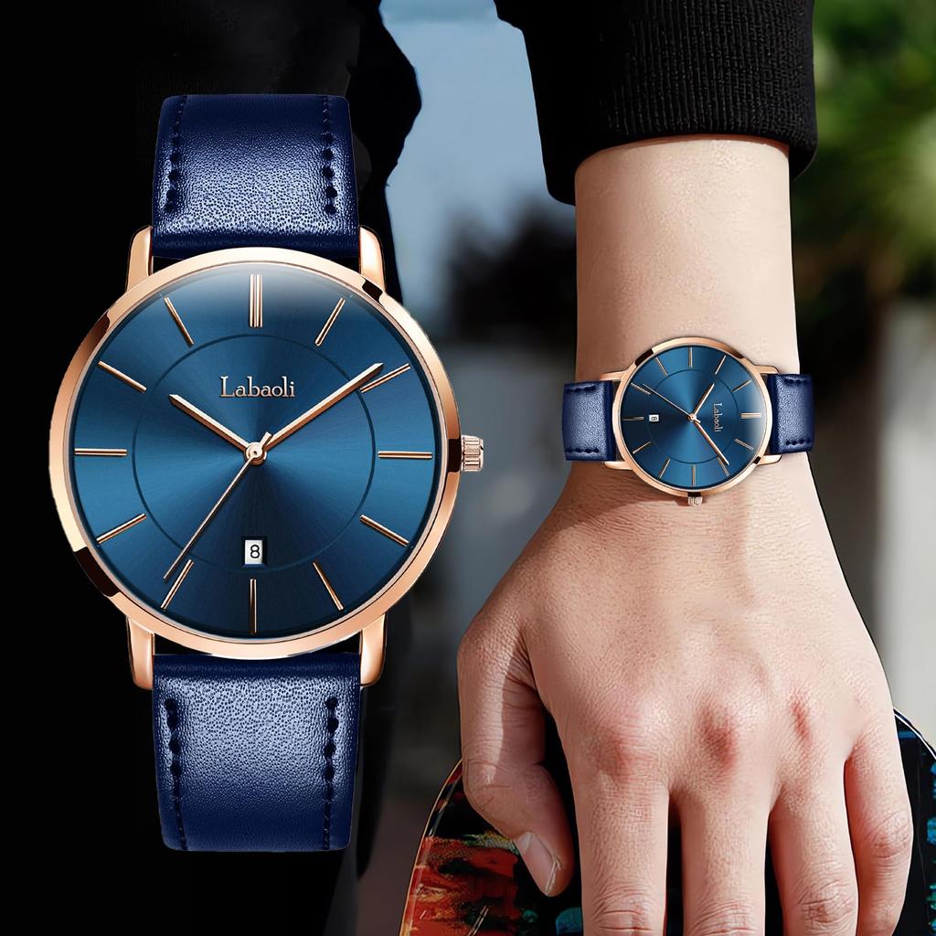 Ультратонкие простые модные повседневные деловые часы с японским кварцевым механизмом, циферблатом 40 мм, ремешком из натуральной кожи, ремешок унисекс, корпус из розового золота, синие мужские часы, толщина 6,5 мм