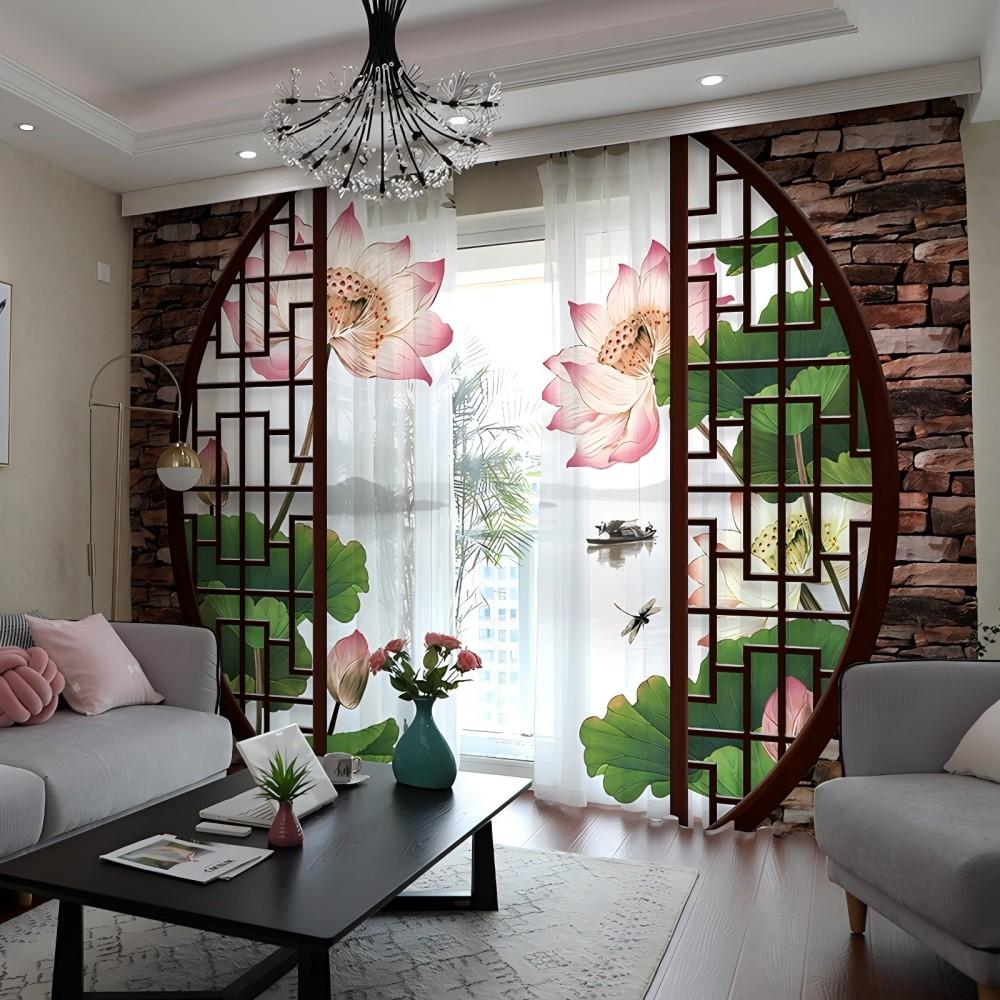 Chinese Curtain Chinese Style Ink Landscape Bamboo Lotus Lucky and Rich Living Room Bedroom Cortinas Semi-shading Decoration