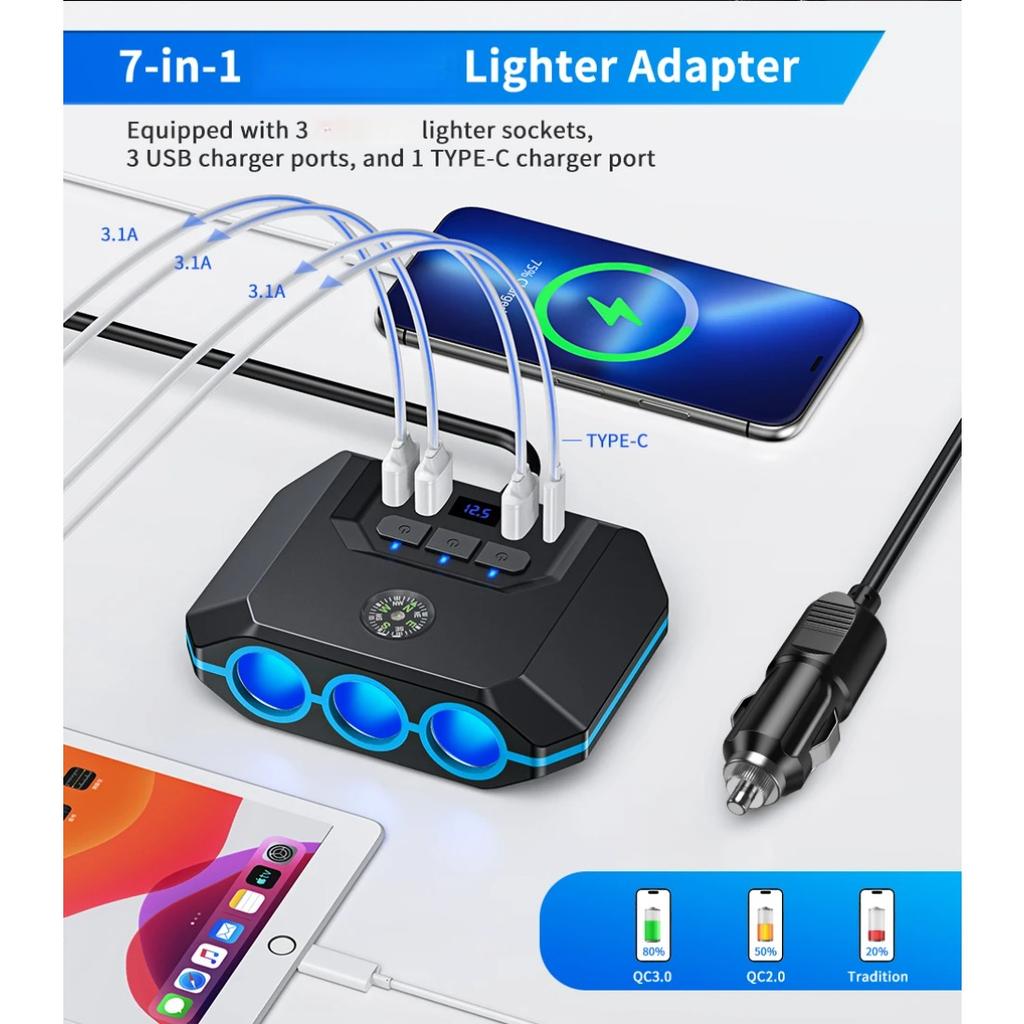 120 Вт 7 в 1 автомобильное зарядное устройство адаптер штекер PD 3 розетки зарядное устройство независимые переключатели 12/24 В розетка для IPhone GPS Dashcam