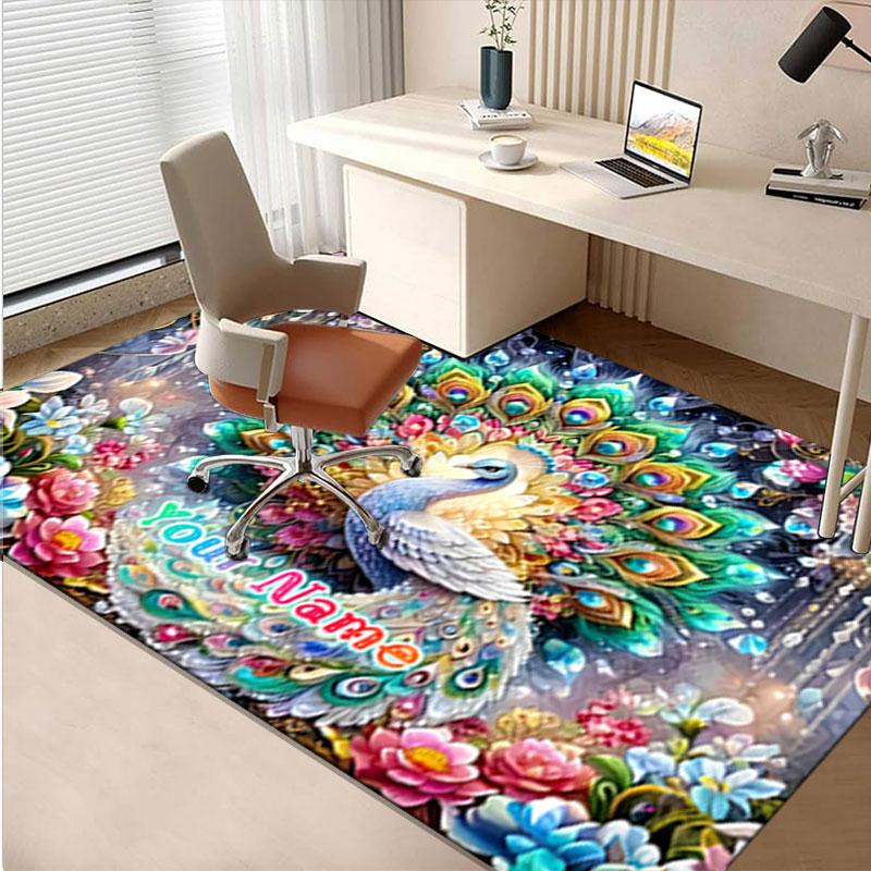 1PC Custom Name "Colorful Peacock Floral Fantasy" Theme Floor Mat Ideal for Living Room, Game Rooms, Office, Bedroom,Floor Mat Playful Design