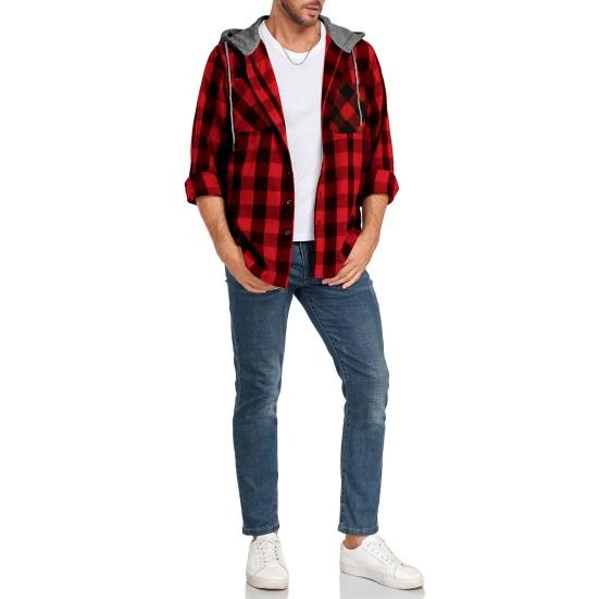 Fall Spring Men Shirt Hooded Drawstring Long Sleeves Color Matching Plaid Print Single-breasted Daily Wear School