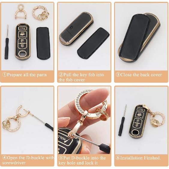 For Mazda Key Fob Cover Soft 3 4 Buttons TPU Protection Car Key Case Shell With Fashion Gold Bling Keychain Compatible With Mazda 3 6 8 Miata MX-5